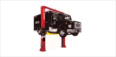 spo20 rotary lift with a heavy duty utility truck suspended